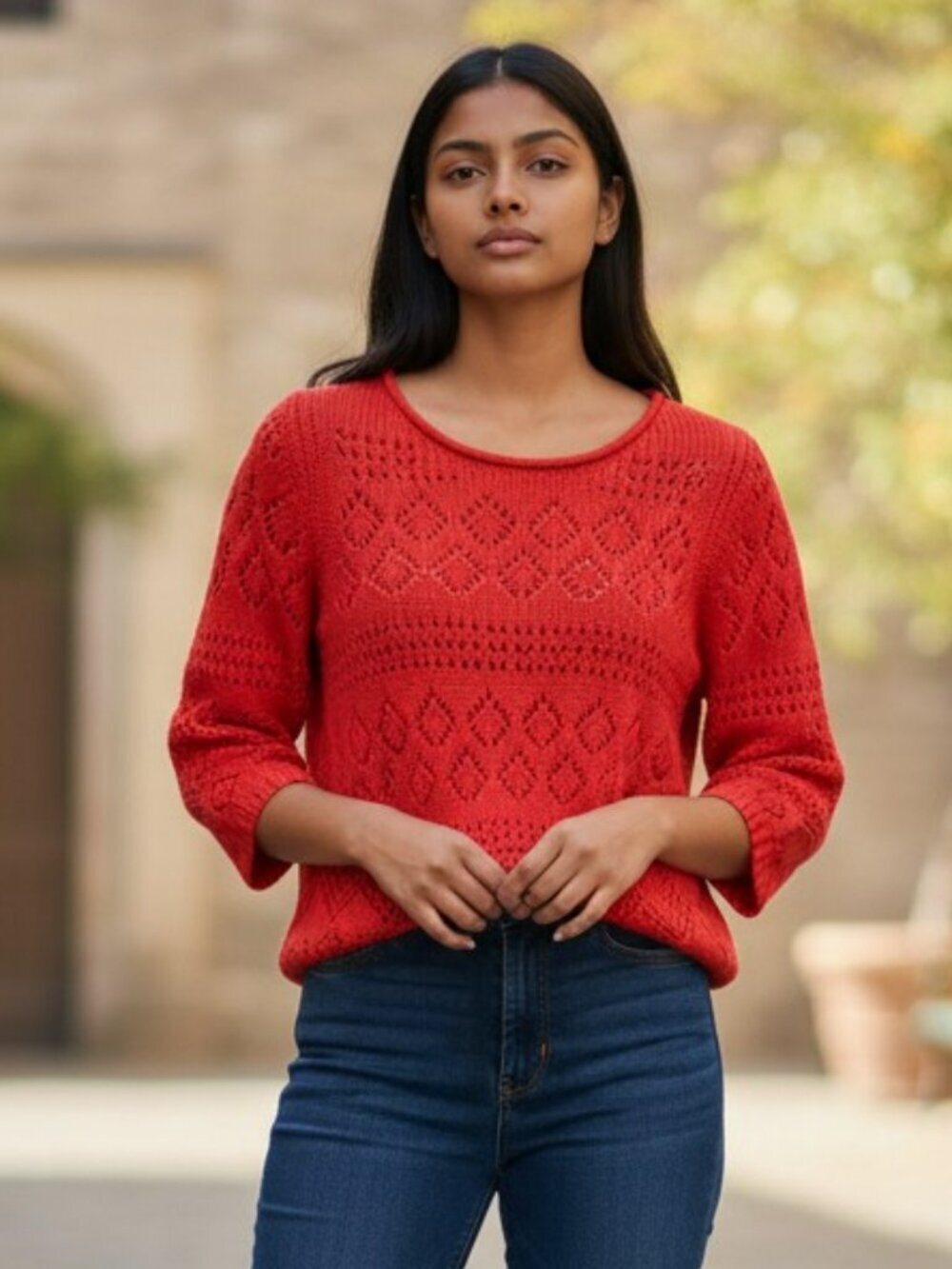 Talbots Womens Large Bright Red Pointelle Knit Diamond Pullover Sweater Size L